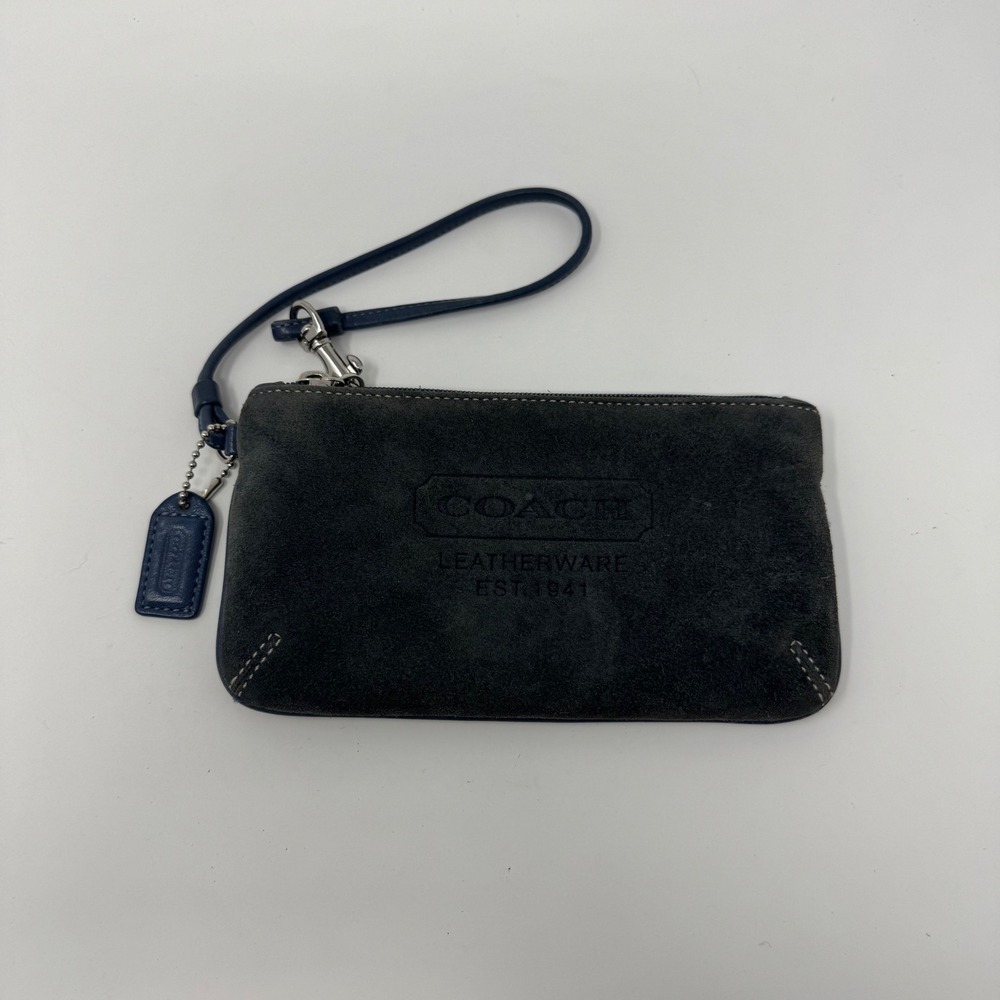 Coach Suede Leather Zip Closure Wristlet Wallet Blue Bag Charm
